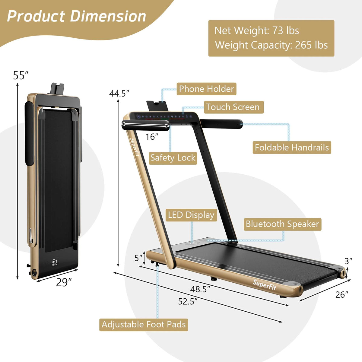 SuperFit Up To 7.5MPH 2.25HP 2 in 1 Dual Display Screen Treadmill Jogging Machine W/APP Control Silver