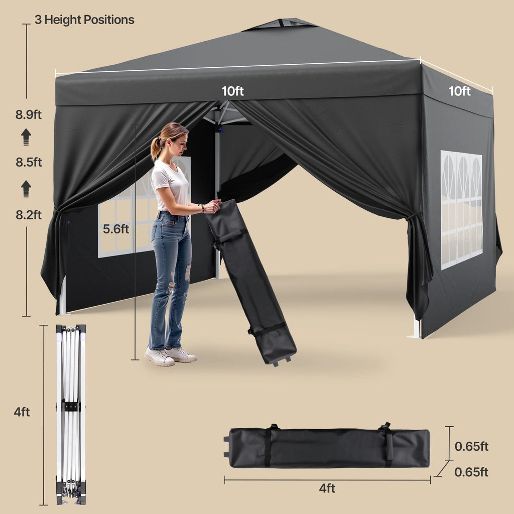 10'x10' Pop-up Canopy Tent with 4 Removable Sidewalls Lofka   Portable Outdoor Canopy with 4 Sandbags, 8 Stakes & Ropes Perfect for Beach, Party, Patio & Yard Events, Black