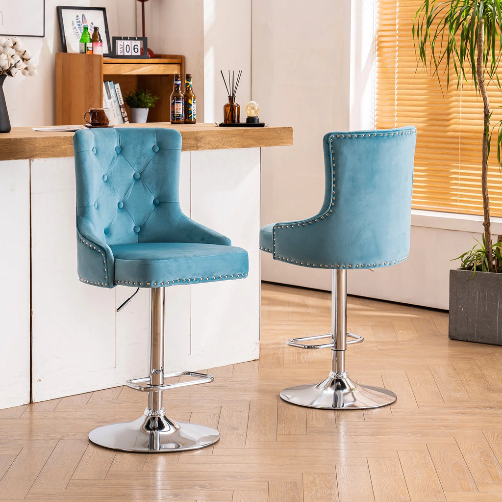 Alexent  2PCS Swivel Bar Stools, High Back, Button Tufted, Silver Footrest and Nailhead Trim Swivel Bar Chairs for Kitchen, Bar Velvet Upholstered Bar Stools, Dark Blue