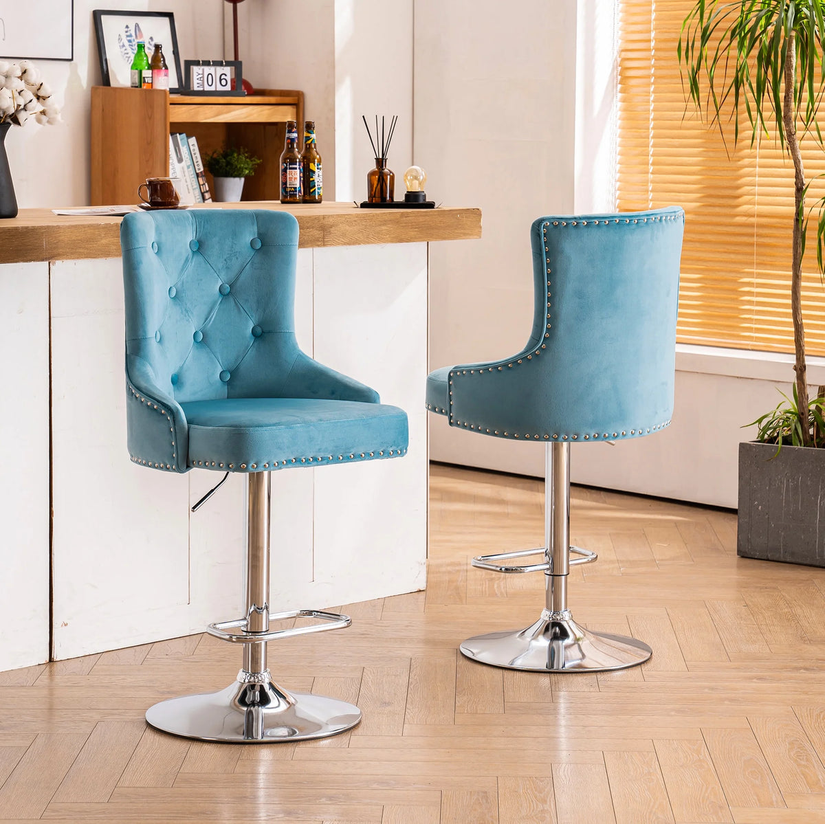 Alexent  2PCS Swivel Bar Stools, High Back, Button Tufted, Silver Footrest and Nailhead Trim Swivel Bar Chairs for Kitchen, Bar Velvet Upholstered Bar Stools, Dark Blue