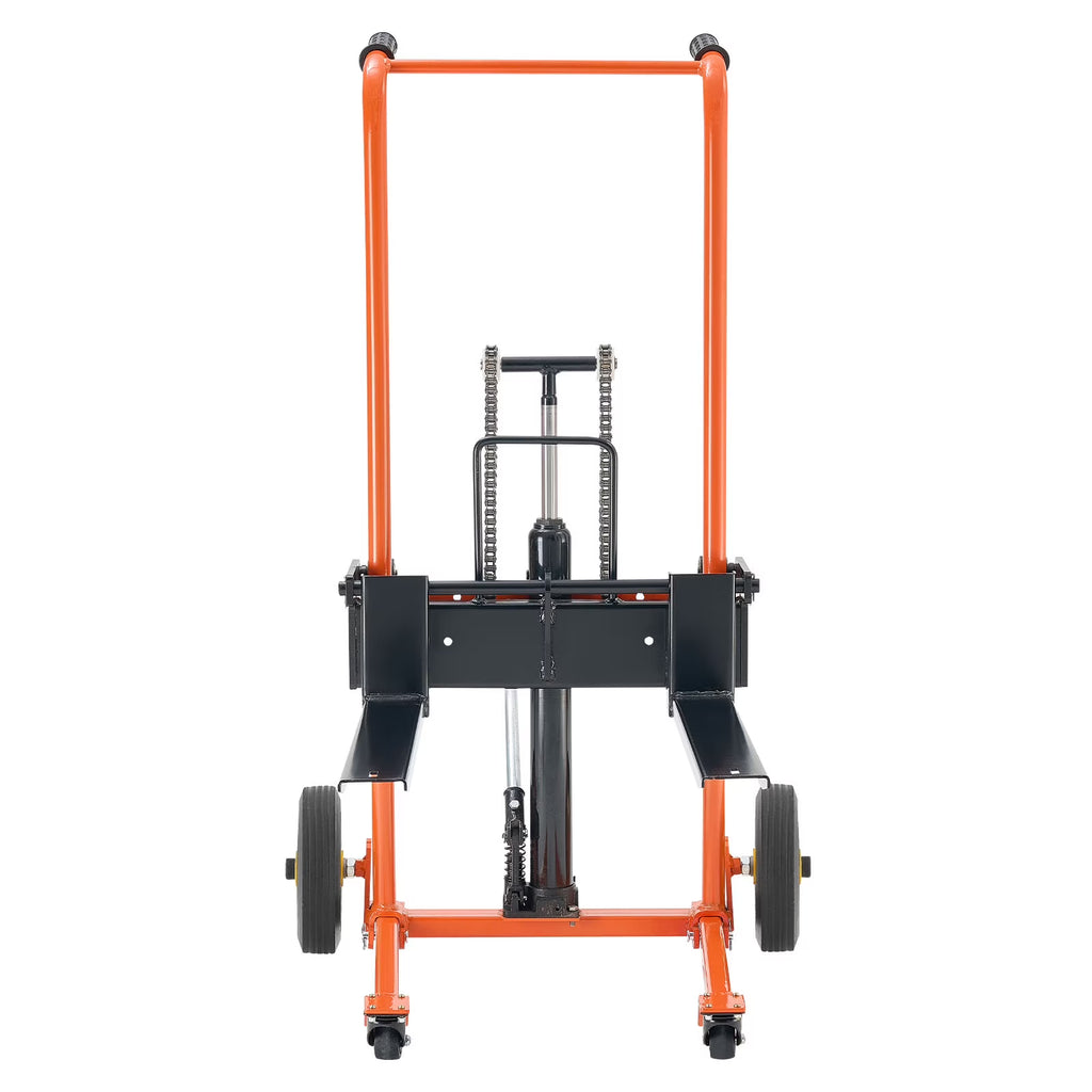 KFFKFF Hydraulic Material Lift Winch Stacker, 450 lbs Capacity, Pallet Truck with Fork Lift Table, 39.4-Inch Max Height, Foldable & Portable Pallet Jack Cart, Yellow & Black