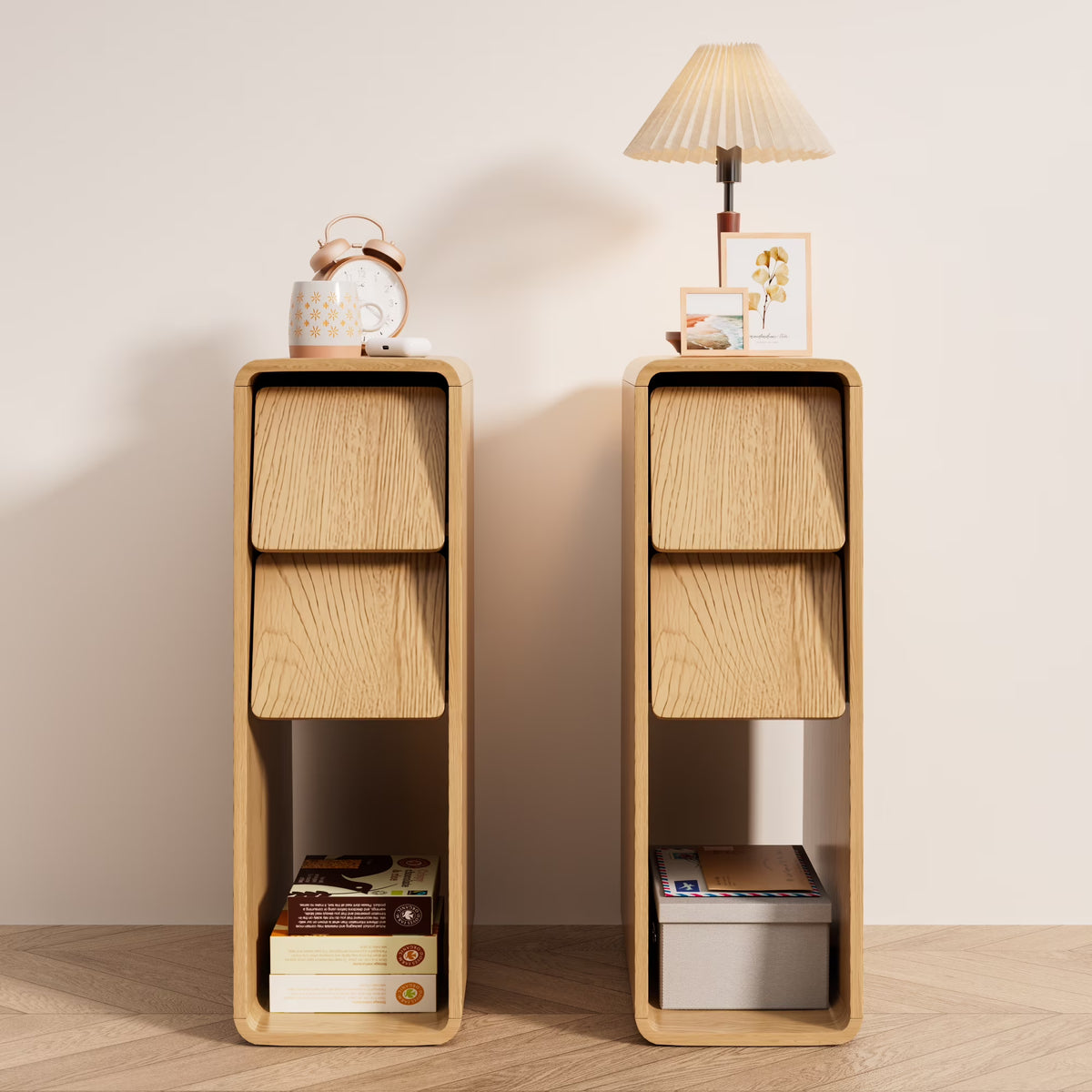 Narrow Nightstand Set of 2 with Drawers, Fluted Slim Side End Table with Storage for Small Spaces