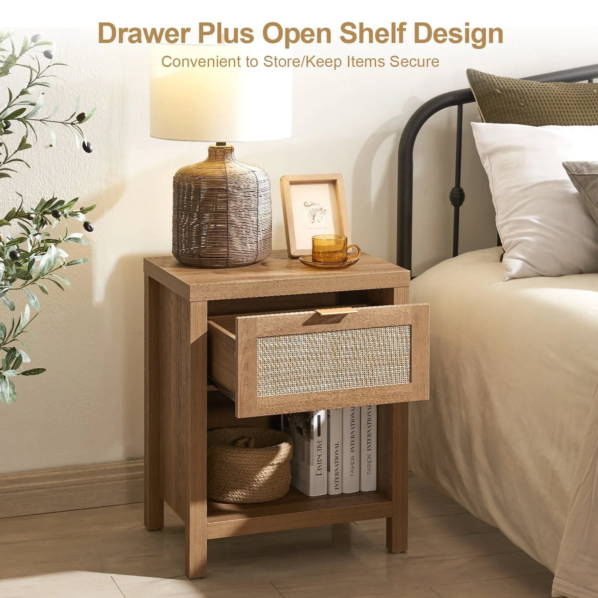 Surmoby Rattan Nightstand Set of 2,Farmhouse Bedside Tables with Drawer and Storage Shelf,Natural Boho End Table Side Table for Bedroom,Living Room