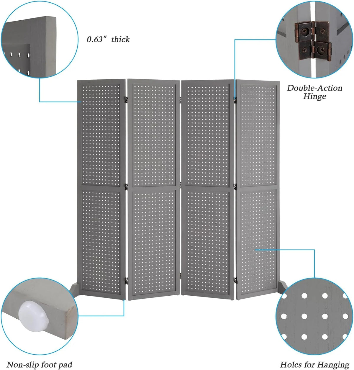 Bonnlo 4 Panel Pegboard Freestanding, 5 FT Portable Display for Craft Show Jewelry, Wooden Folding Room Divider