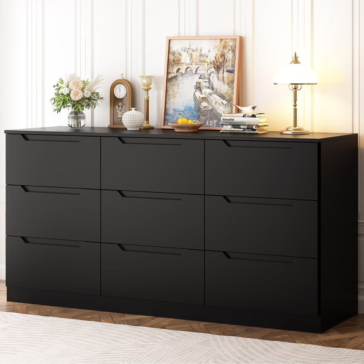 Winkalon 9 Drawers Double Dresser, Modern Wood Dresser Chest of Drawers with Large Storage Space for Bedroom,Living Room, Hallway, Black