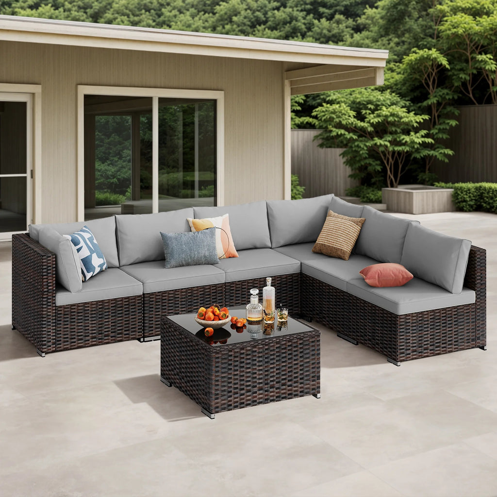 Patio Furniture Set, Lofka 7 Piece Outdoor Sectional Furniture Chair Set with Cushions and Coffee Table, Gray