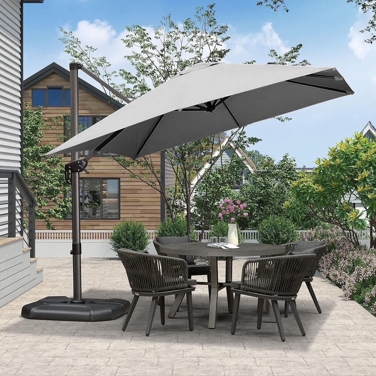PURPLE LEAF 8x8 Ft Cantilever Umbrella Square Outdoor Patio Umbrella Large Offset Hanging Umbrella Aluminum Umbrella with 360°Rotation Adjustable Garden Pool Umbrella,Beige