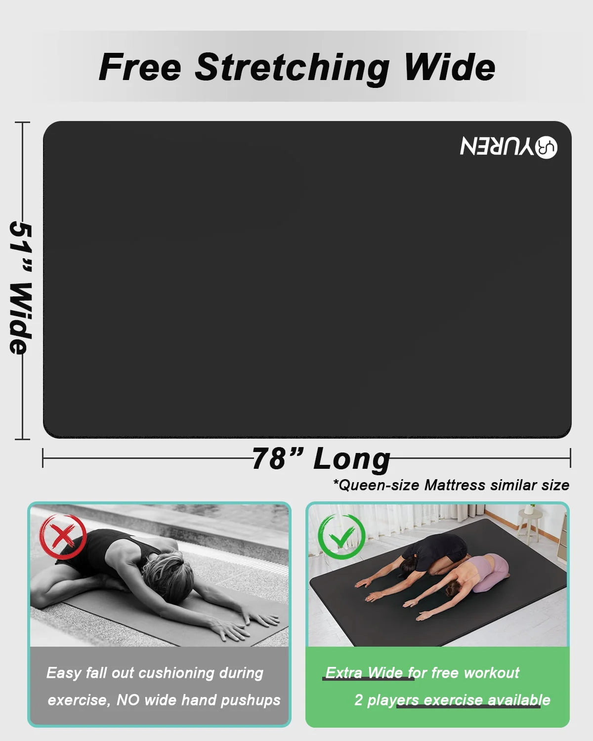 YR Large Exercise Mat 6' x 4' 10mm Thick NBR Stretching Yoga Pilates Workout for Home Gym Black