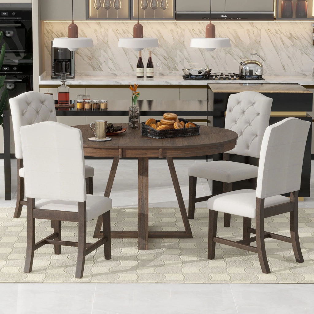 5 Piece Round Dining Table Set, Dining Room Set with Extendable Table and 4 Upholstered Chairs, Wood Dining Table Set for 4, Farmhouse Dining Table Set for Kitchen Dining Room Dorm Apartment, Brown