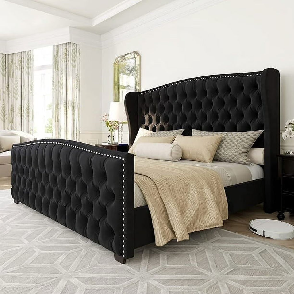 VANACC Queen Size Bed Frame, Velvet Upholstered Bed with Deep Button Tufted Wingback Headboard Grey