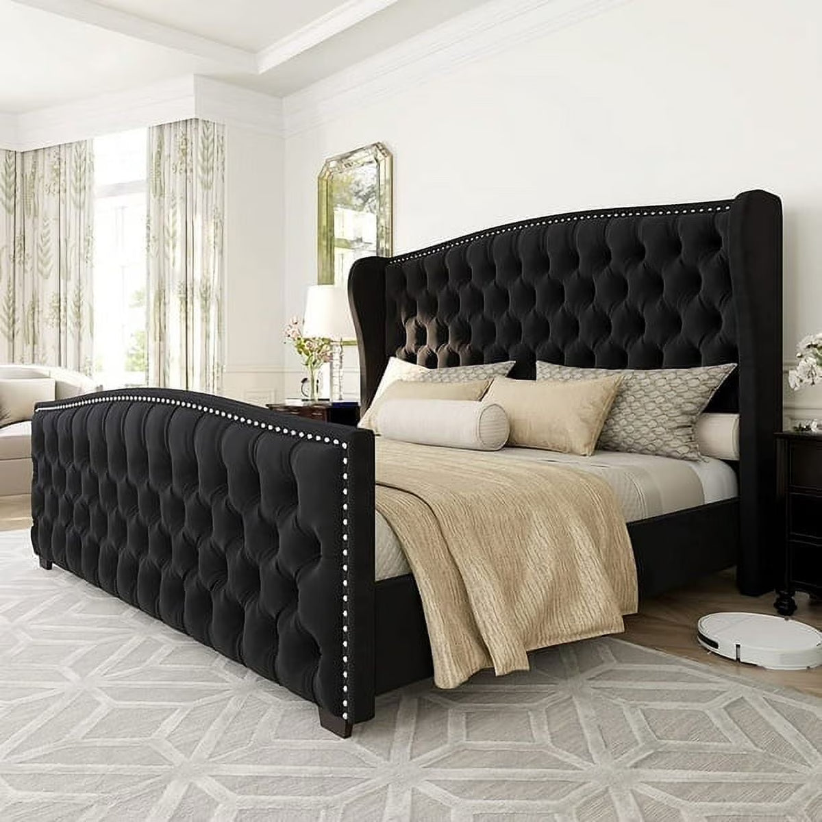 VANACC Queen Size Bed Frame, Velvet Upholstered Bed with Deep Button Tufted Wingback Headboard Grey