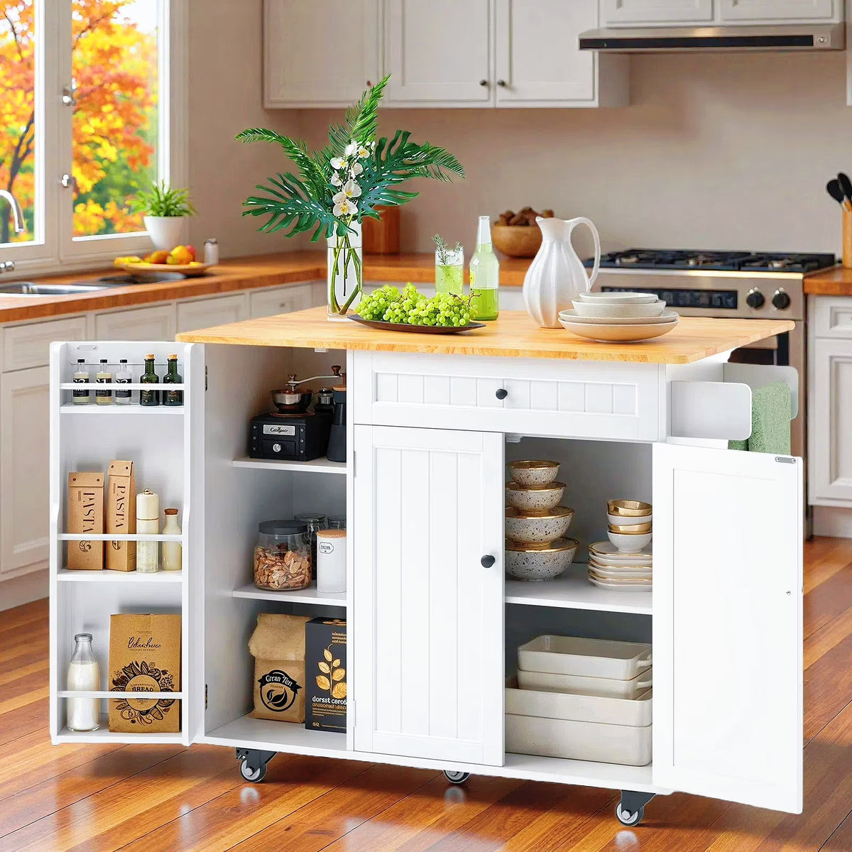Kitchen Island with Storage - Lofka Rolling Kitchen Cart with Solid Wood Top,Drawers,Spice Rack & Towel Bar - Mobile Workstation for Small Kitchen,Dining Room ,White