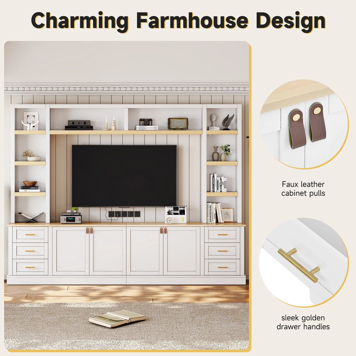 Euroco 102.3"W Farmhouse 4-Piece Entertainment Center Wall Unit with Adjustable Shelf, Modern Large TV Stand with Bookshelves