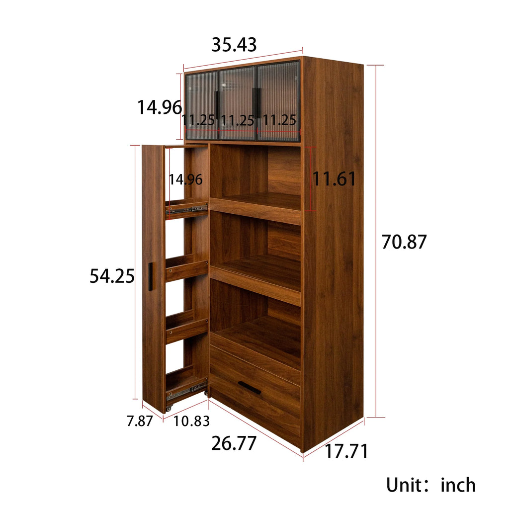 Kitchen Pantry Cabinet w/4-Tier Storage Cart, 2 Drawers & 2 Glass Doors, Tall Storage Cabinet w/Shelves