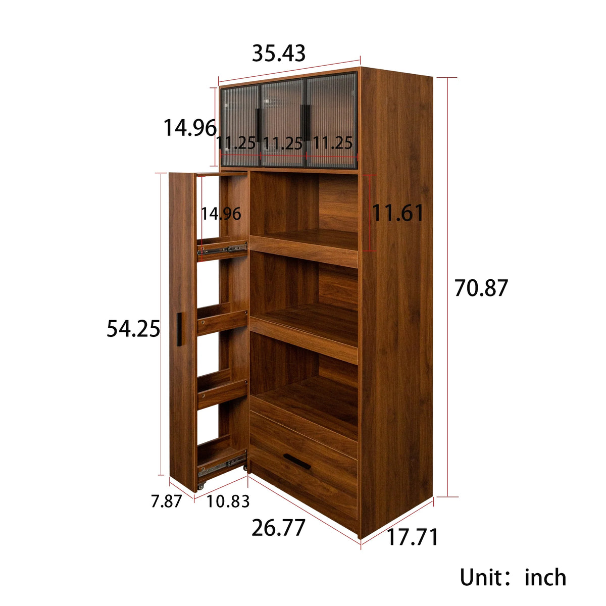 Kitchen Pantry Cabinet w/4-Tier Storage Cart, 2 Drawers & 2 Glass Doors, Tall Storage Cabinet w/Shelves