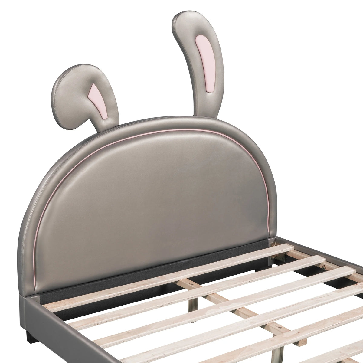 Euroco Upholstered Full Size Platform Bed, PU Cartoon Bunny Bed for Kids, Gray