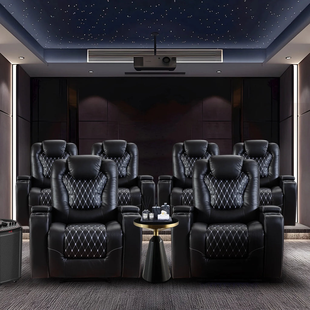 Bonzy Home Overstuffed Electric Home Theater Seating PU Leather Reclining Furniture with with USB Ports and Cup Holders and Hidden Arm Storage - Black
