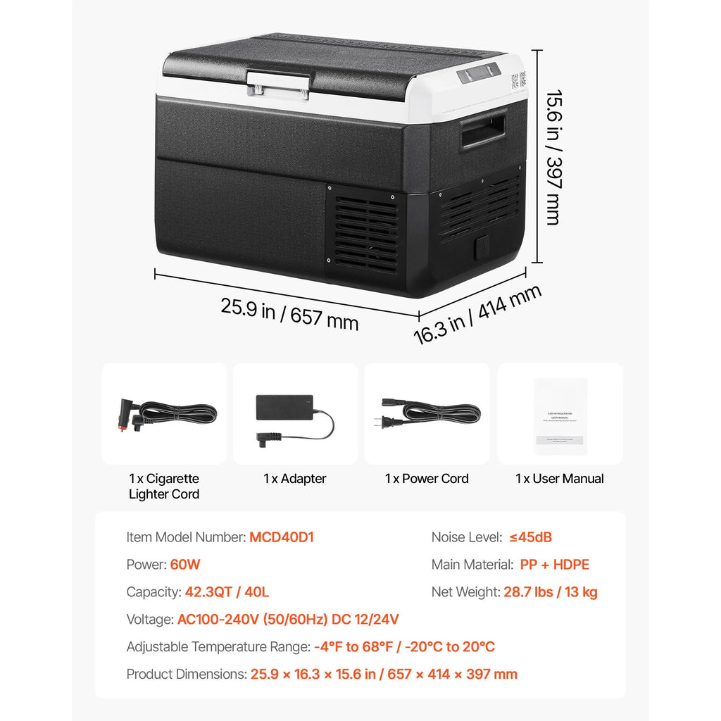 VEVOR Portable Car Refrigerator 42 Qt, 12V Portable Freezer with Single Zone, 12/24V DC & 110-240V AC Electric Cooler with -4 -68 Cooling Range, for Car Truck Vehicle RV Boat Outdoor & Home use