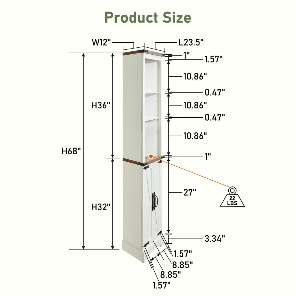 OKD Farmhouse Tall Corner Cabinet with Barn Door & Adjustable Shelves, 68" Rustic Wood Corner Cabinet with Storage Cabinet for Bathroom, Kitchen, Antique White