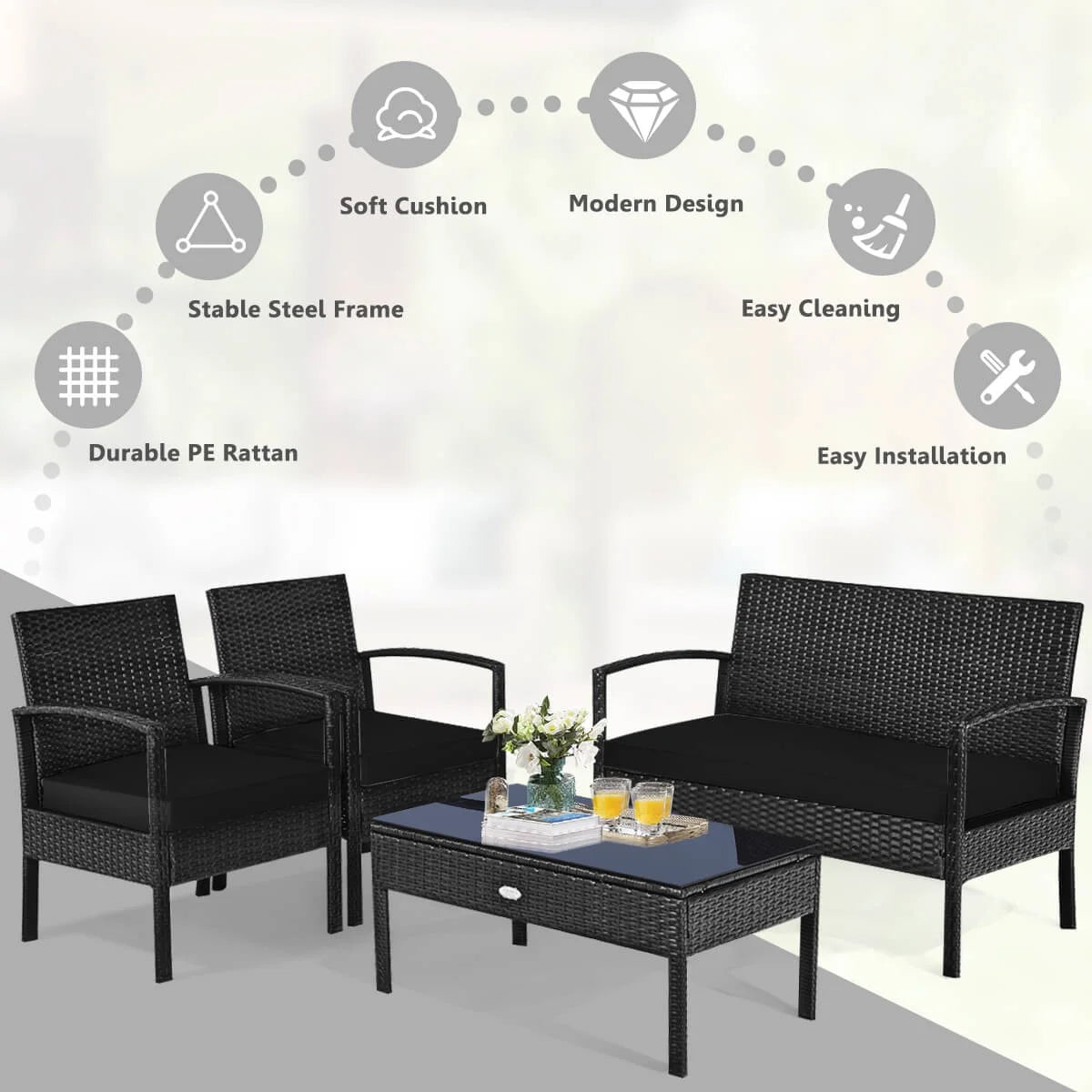 Costway 4PCS Patio Rattan Wicker Furniture Set Loveseat Sofa Cushioned Garden Yard Brown