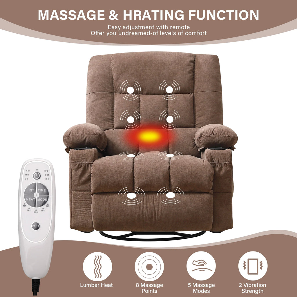 JONPONY Massage Swivel Rocker Recliner Chair with Vibration Massage and Heat Ergonomic Lounge Chair for Living Room with Rocking Function and Side Pocket, 2 Cup Holders, USB Charge Port,Grey