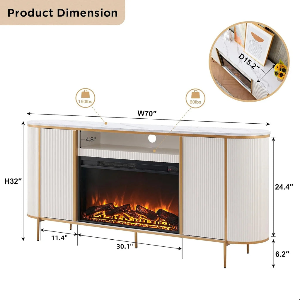 OKD Luxury Fireplace TV Stand for TVs Up to 80 inches, 70" Modern Fluted Entertainment Center with Electric Fireplace, Media Console TV Stand for Living Room,Natural Oak