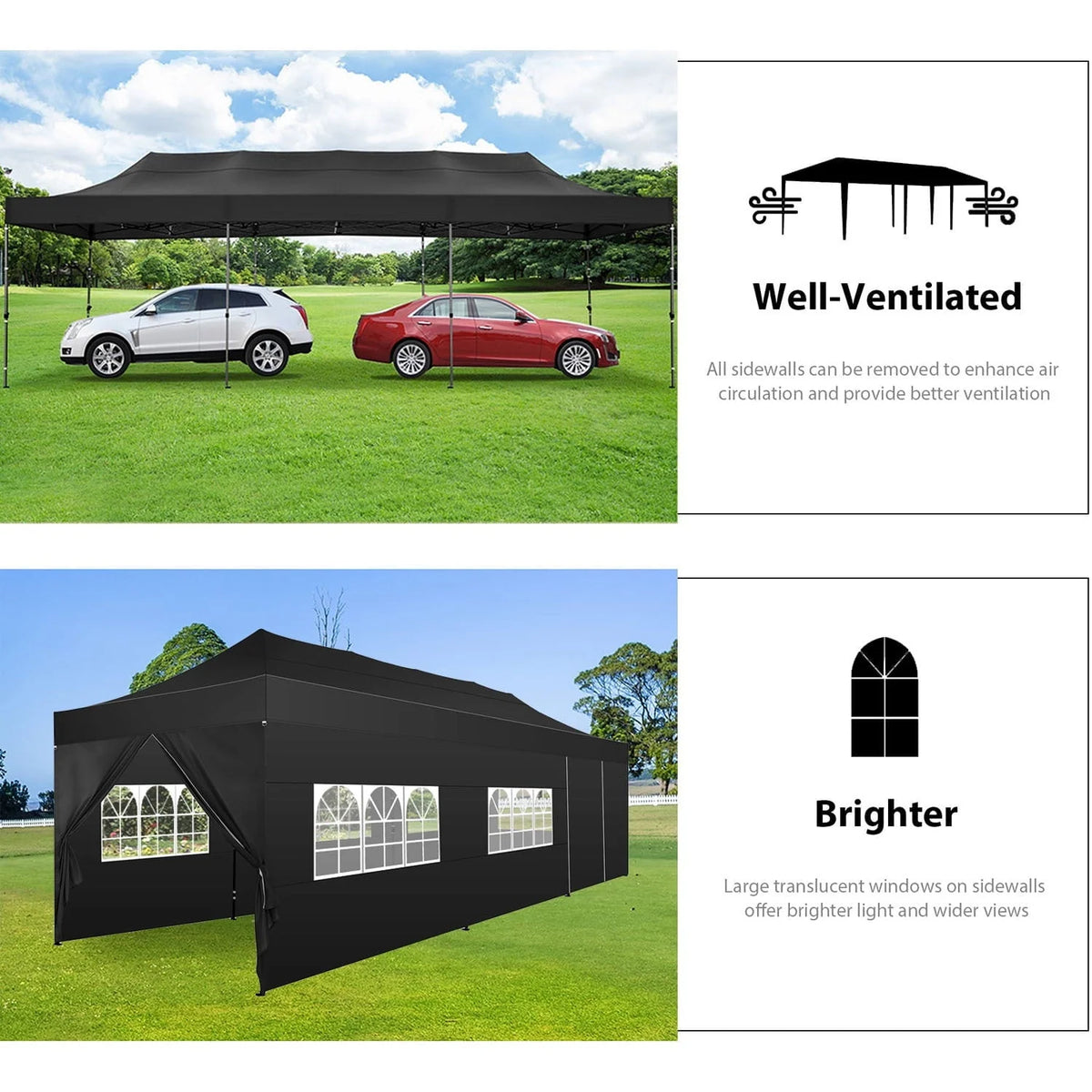 COBIZI 10'x30' Heavy Duty Pop Up Canopy Tent Outdoor Shelter Instant Commercial Tent with 8 Removable Sidewalls, 3 heigh Adjustable Gazebo with Wheeled Bag, Black