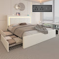Full Size Upholstered LED Bed Frame with 4 Storage Drawers, Faux Leather Platform Bed with Adjustable Headboard, White