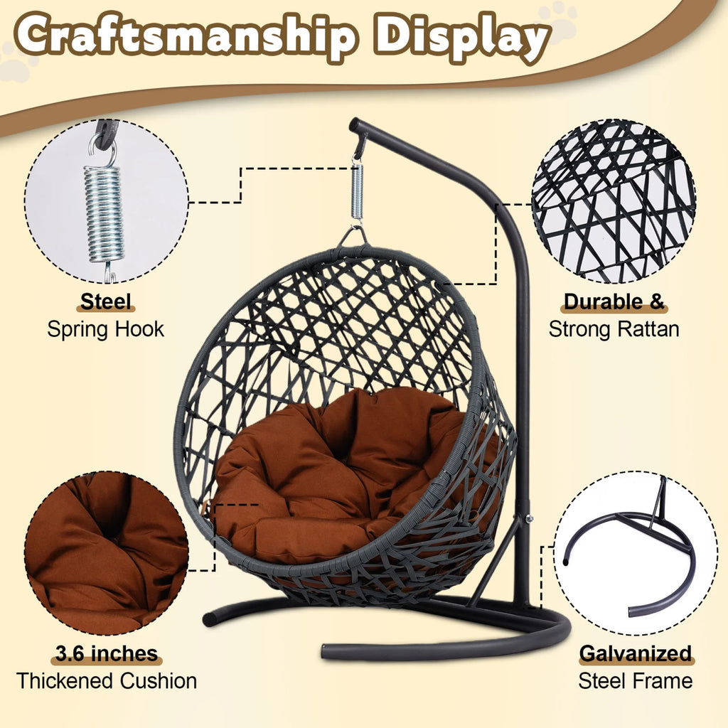 Cat Swing Bed with Stand & Cushion, Cat Egg Chair with Rattan Wicker Appearance, Indoor Hanging Swinging Cat Bed
