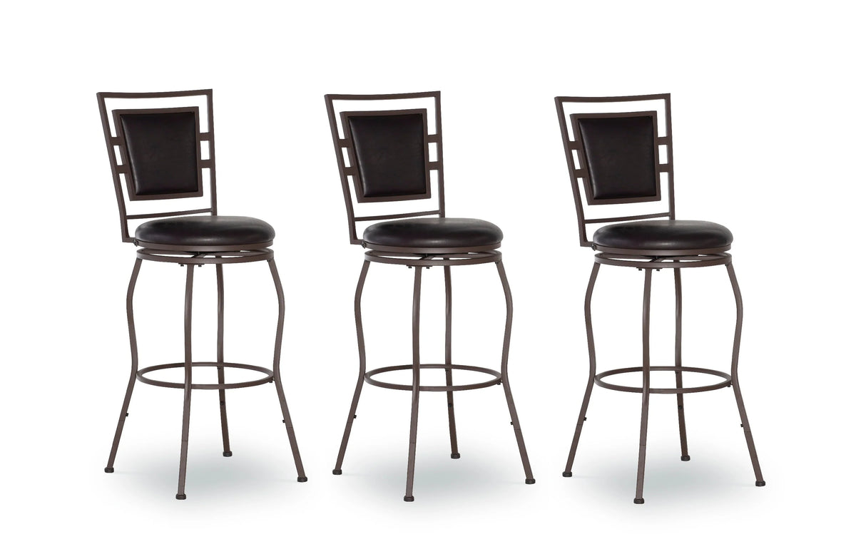 Linon Nora 3-Piece Swivel Bar Stool Set, 24"-30" Adjustable Seat Height, Dark Brown Finish with Dark Brown Vinyl Fabric