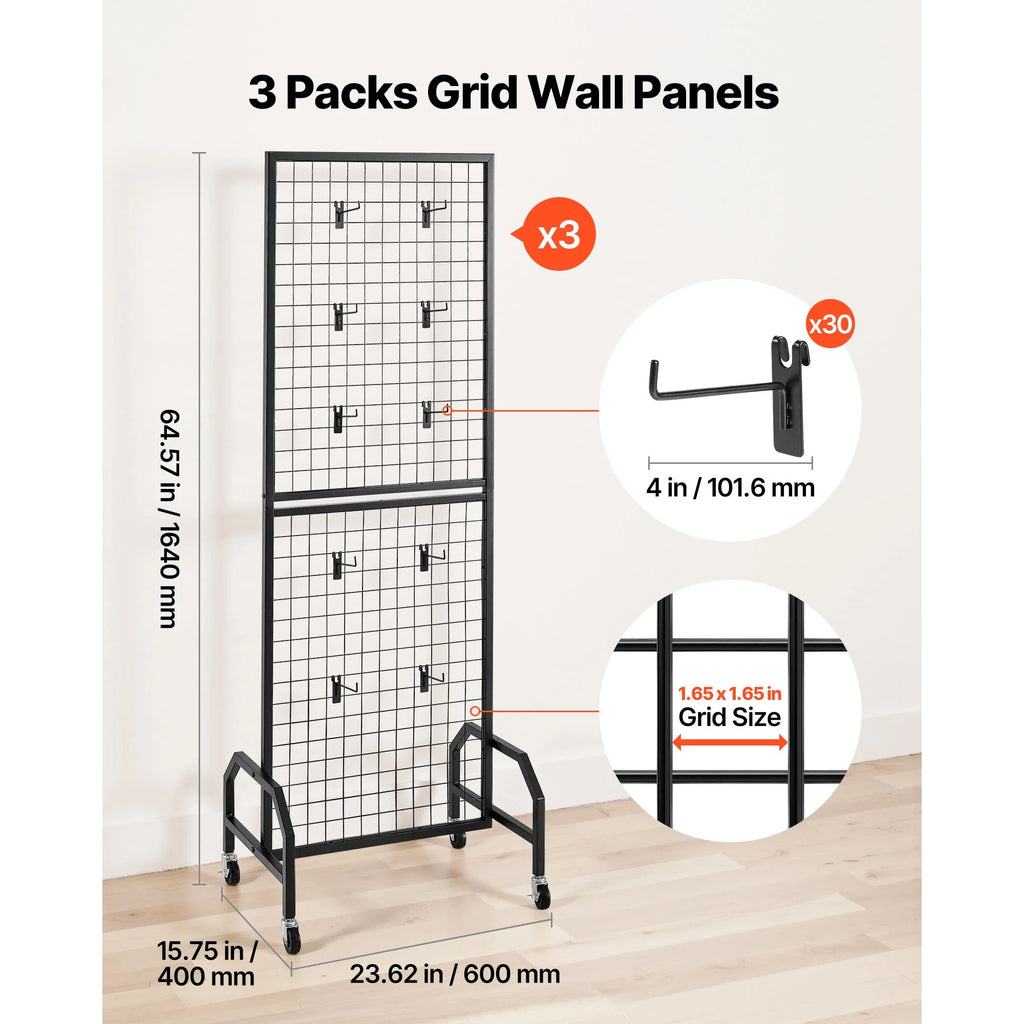 KFFKFF 3-Pack Grid Wall Panels, 1.9 x 5.4 ft Wire Display Racks with Wheels and 30 Hooks, Black Carbon Steel Panels for Craft Fairs, Decoration, Storage, and Message Boards