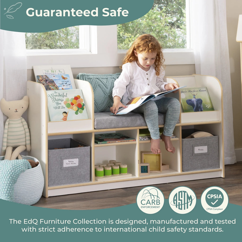 Guidecraft EdQ Reading Nook - Natural: Children's Wooden Bedroom Reading Bench, Kids' Bookshelf, Toy Cubby Organizer and Cube Storage