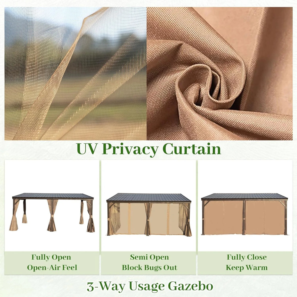 TOTAL Outdoor 10'x12' All-Season Sunroom Gazebo with Steel Roof, PVC Screen, Front & Side Door, Brown