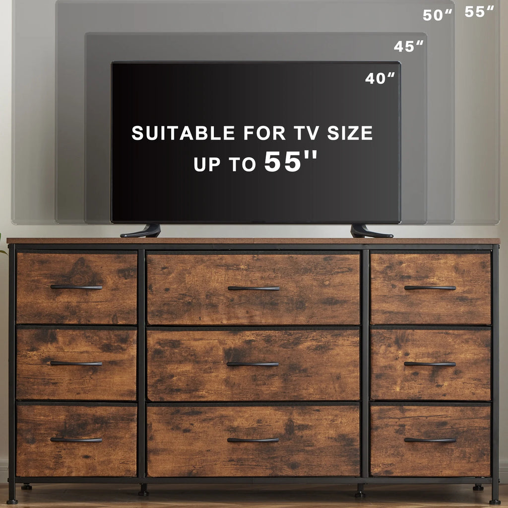Wide Dresser TV Stand with 9 Drawers Dresser for Bedroom Chests of Drawers for Living Room, Black