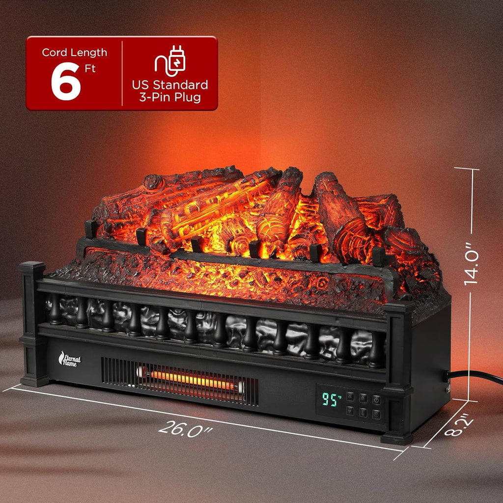 TURBRO Eternal Flame 26 in. WiFi Infrared Quartz Electric Fireplace Log Heater with Sound Crackling, Realistic Pinewood Logs, Adjustable Flame Colors, Remote Control, Thermostat, Timer, 1500W Bronze