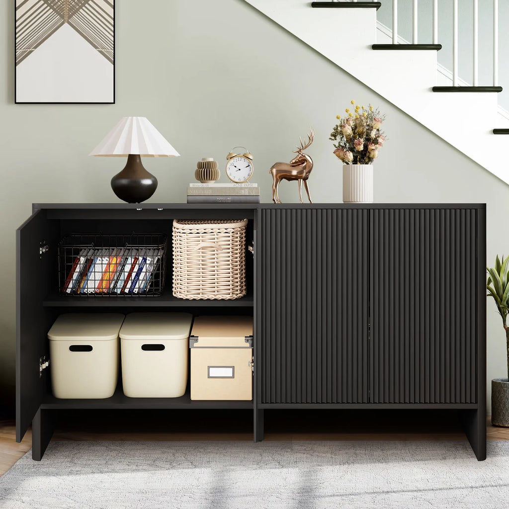 Wirrytor Sideboard Storage Cabinet with Doors and Shelves, Buffet Cabinet with Storage, Credenza Storage Cabinet for Kitchen, Wooden Fluted Cabinet, Under TV Cabinet with Storage - Black