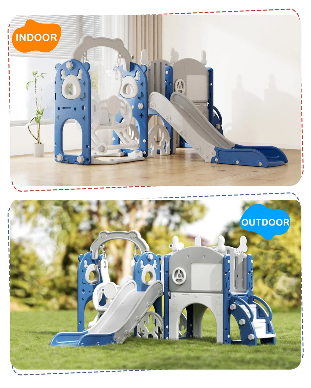 KORIMEFA 13-in-1 Toddler Slide, Kids Swing and Slide for Toddlers Age 1-4, Outdoor Indoor Playground Playset for Toddlers with Basketball Hoop and Ball Playset Telescope, Blue