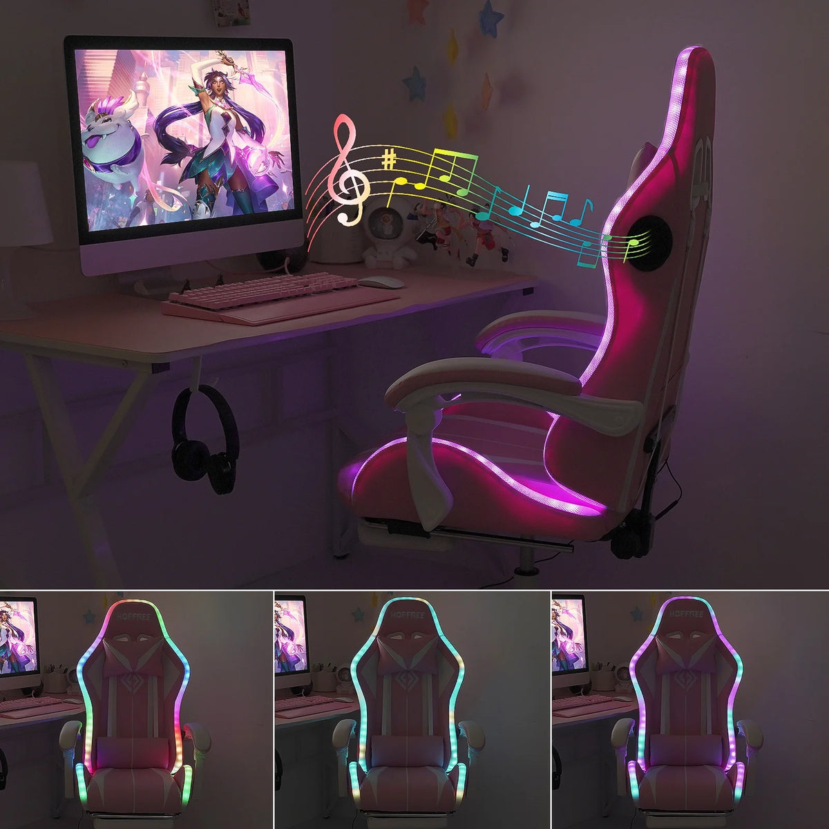Hoffree Gaming Chair with Bluetooth Speakers and Footrest Massage Office Chair with LED Lights Ergonomic Game Chair High Back with Lumbar Support and Headrest Adjustable Swivel for Adults 300lb