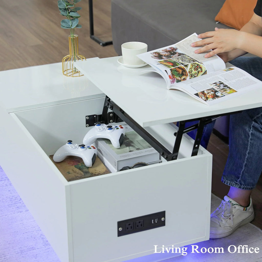 LED Coffee Table Lift Top End Table with with Charging Station and Storage Space Modern Rectangle Cocktail Tables Sofa Side Dining Table