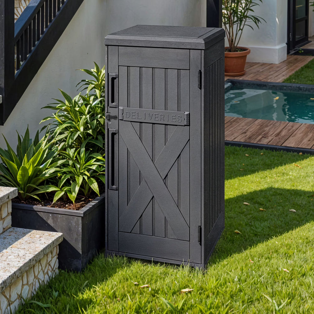 Uforic 60-Gallon Large Outdoor Package Delivery Storage Box, Double-Wall Resin Waterproof Deck Box for Porch or Curbside, Lockable, Brown
