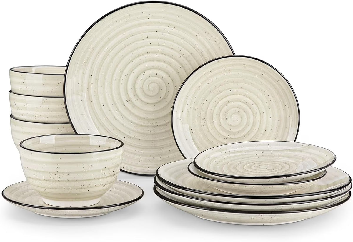Dinnerware Sets 12 Pieces Bonbon Beige Dinner Set, Plates and Bowls Sets with Dinner Plates Bowls Handpainted Spirals Pattern Dish Sets, Service for 4