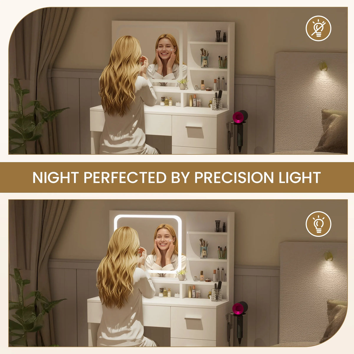 LIVELYGLOW Vanity Desk with Mirror and Lights, Makeup Vanity with Drawer & Storage Shelves, Cabinet, 3 Lighting Modes Adjustable Brightness,White