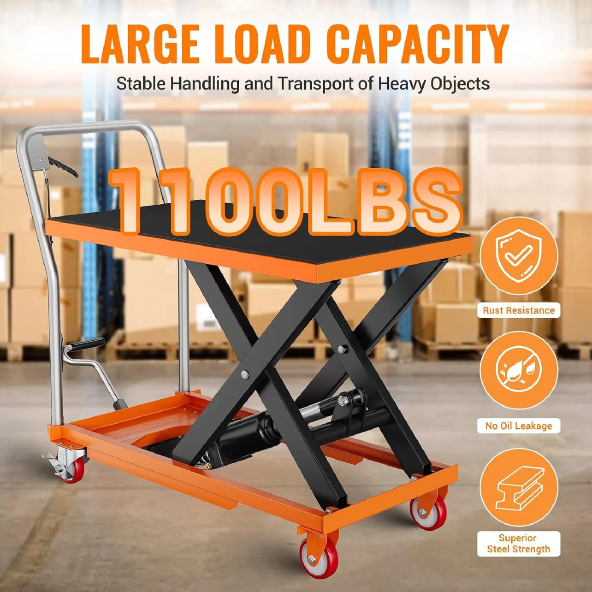 M optimized Hydraulic Lift Table, 500 Lbs Capacity Hydraulic Table Cart, Single Scissor Lift Cart 28.5 Inch Lifting Height with 4 Wheels and Non-Slip Pad for Material Handling, Black