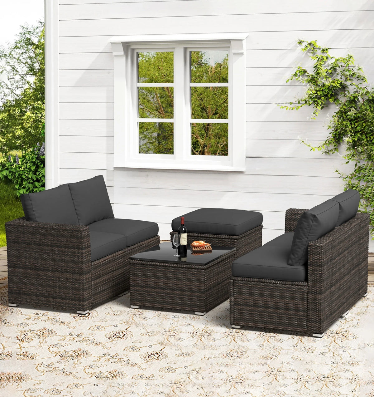 6 Pieces Wicker Patio Furniture Set Outdoor Conversation Set, All Weather PE Rattan Sectional Sofa Couch with Storage Table and Cushions, Beige
