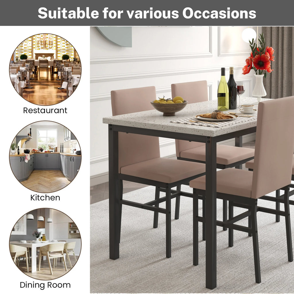 5 Piece Dining Set, Modern Dining Table and Chairs Set for 4, Counter Height Bar Table Set, Modern Pub Table with 4 Velvet Fabric Cushioned Stools, Faux Marble Dining Table & Stools Set, D9297
