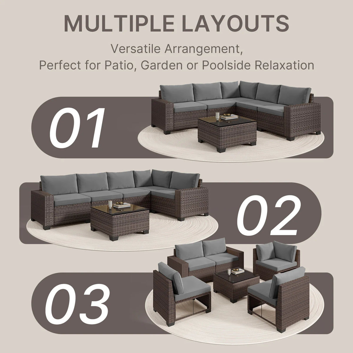 7 Piece Outdoor Patio Furniture Set, Asofer Rattan Wicker Outdoor Conversation Sectional Sofa Set, Gray