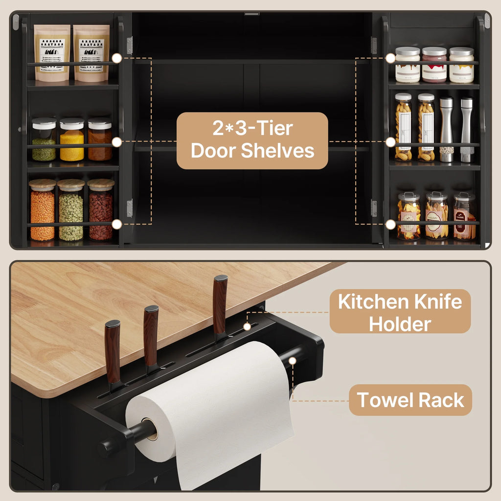 Noelse Rolling Kitchen Island with Drop Leaf Table and Hidden Trash Cabinet, Mobile Kitchen Cart with Storage Drawer, Adjustable Shelves & Rubberwood Countertop on Wheels, White
