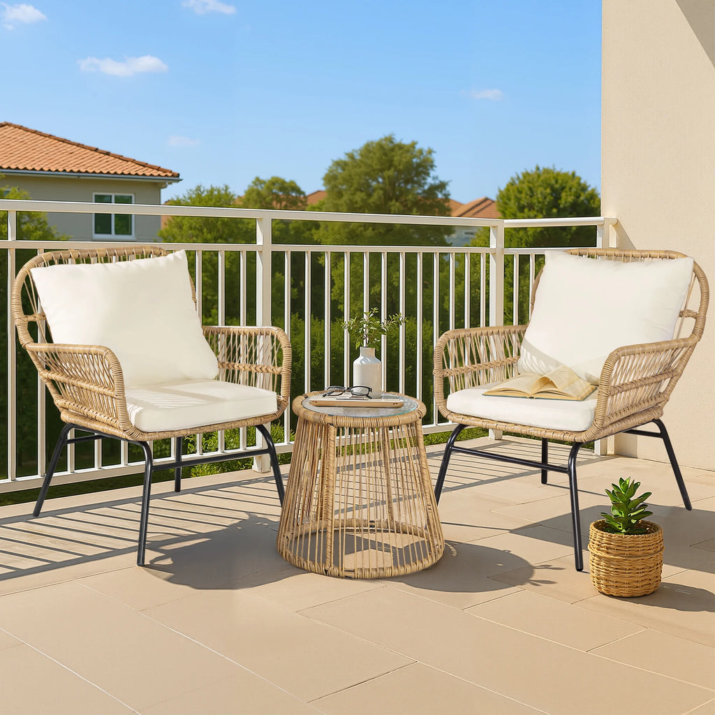 RADIATA 6-Piece Boho Patio Furniture Set, Outdoor Wicker Sectional Sofa Conversation Set with Ice Bucket & Coffee Table, 500lbs Capacity, Beige