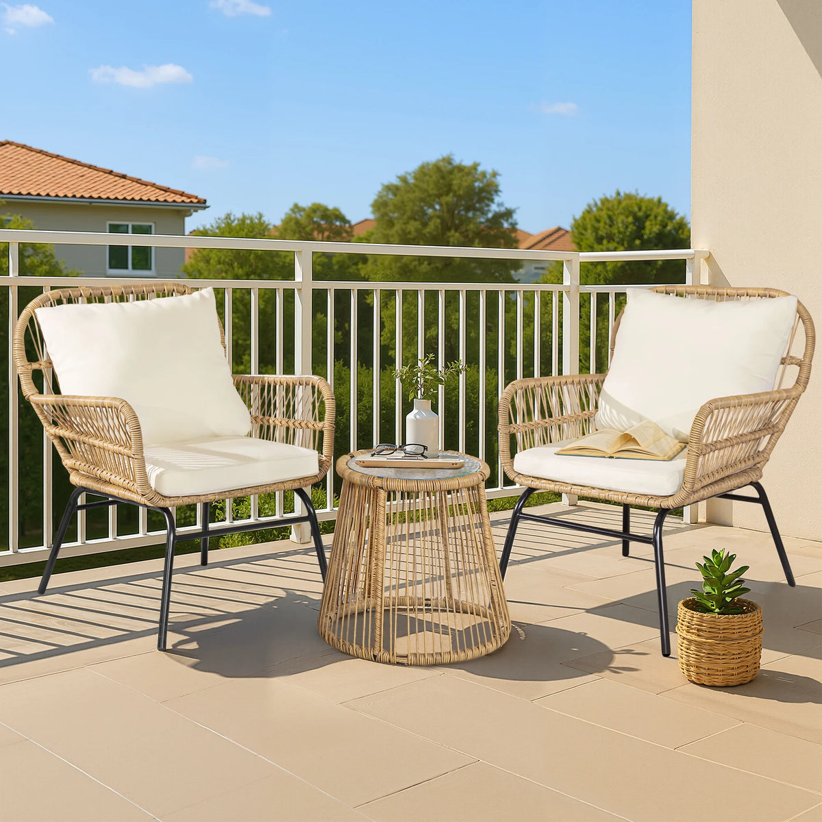 RADIATA 6-Piece Boho Patio Furniture Set, Outdoor Wicker Sectional Sofa Conversation Set with Ice Bucket & Coffee Table, 500lbs Capacity, Beige
