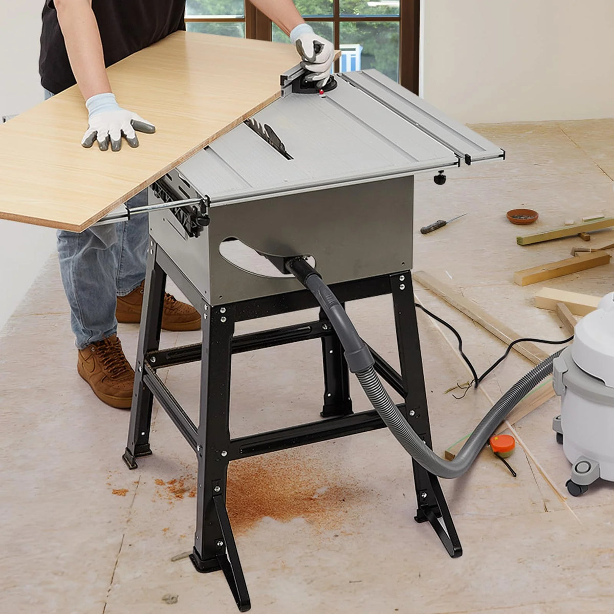 Garvee 10" Table Saw - 15A Electric Table Saw with Metal Stand, 90 Cross Cut & 0-45 Bevel Cut, Cutting Speed Up to 5000RPM Multifunctional Saw Adjustable Blade Height for Woodworking,Gray